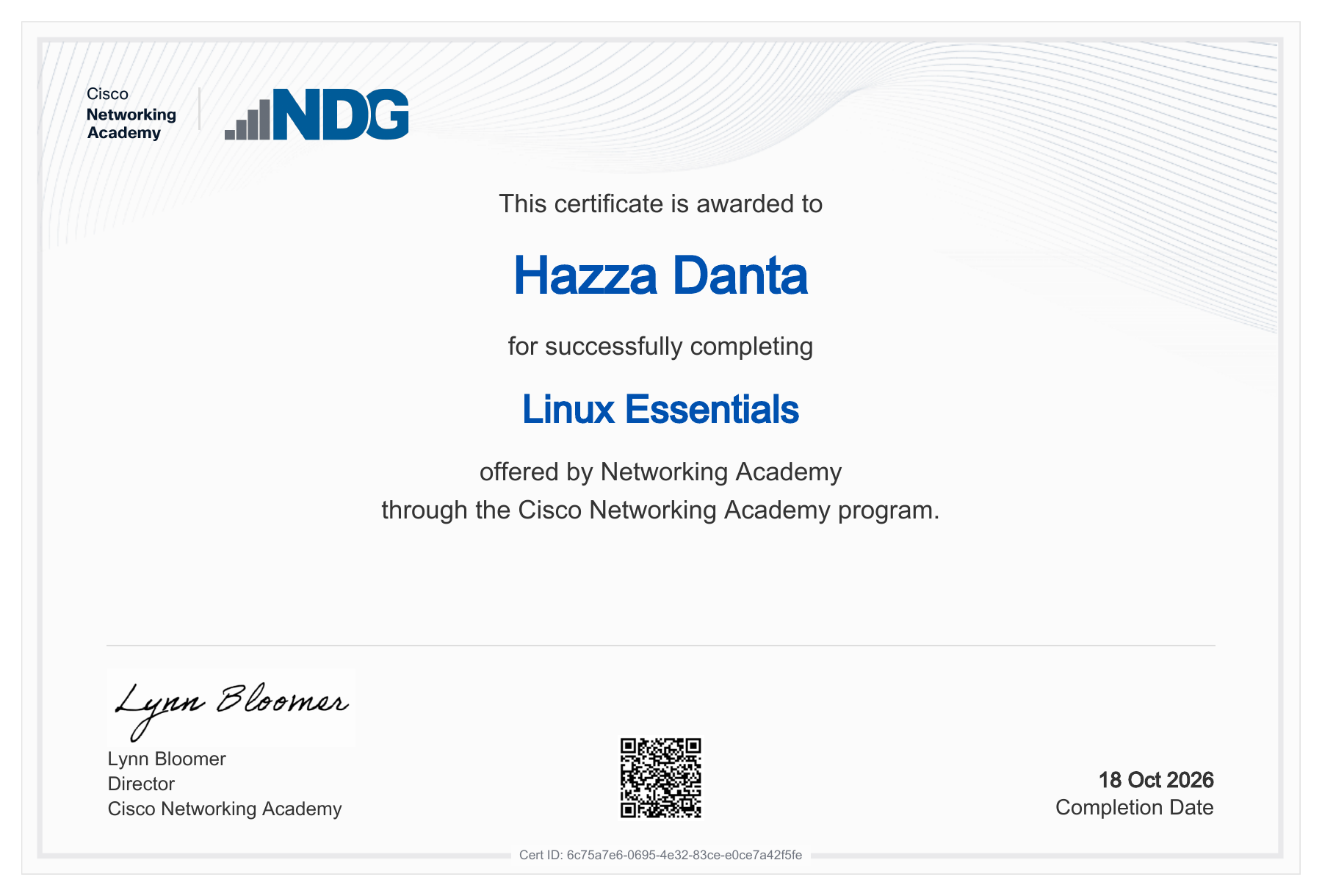 Linux Essentials certificate awarded to Hazza Danta through Cisco Networking Academy, completed on 18 October 2026.